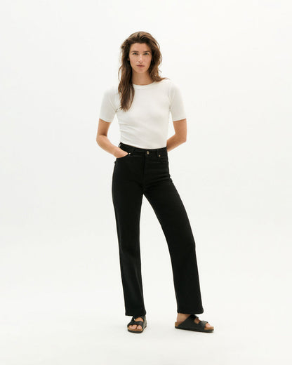 A classic, high waisted pant with straight cut leg.  99% organic cotton 1% elastane - Sustainably made in Turkey. theresa black pants by thinking mu