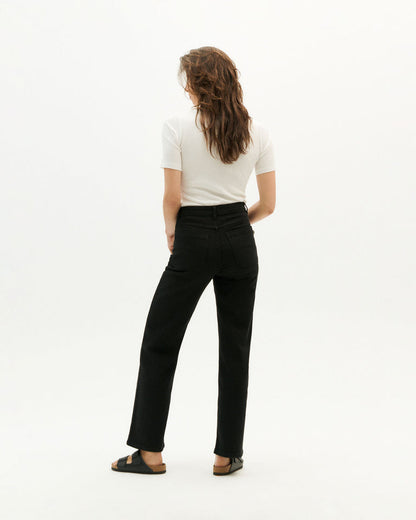 A classic, high waisted pant with straight cut leg.  99% organic cotton 1% elastane - Sustainably made in Turkey. theresa black pants by thinking mu